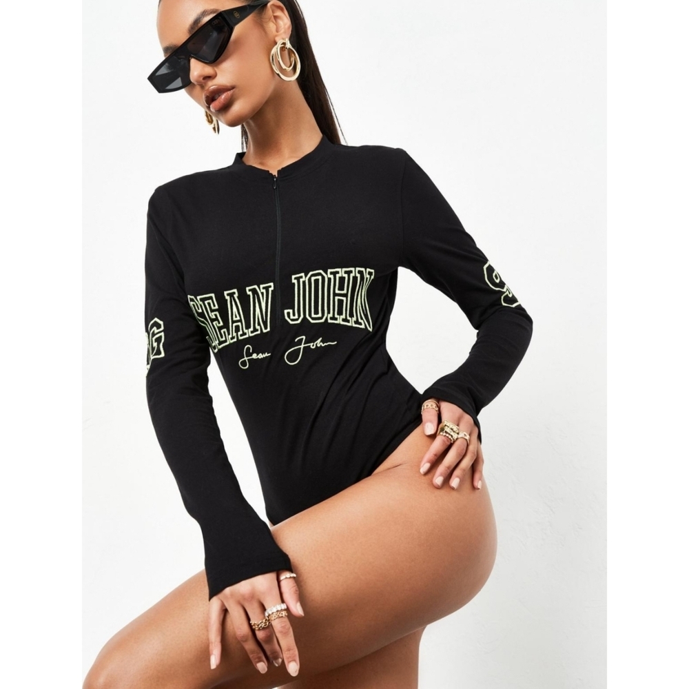 Black Zip Front Script Bodycon Bodysuit - Picture 3 of 6